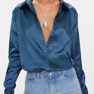 PrettyLittleThing Teal Button Down Shirt